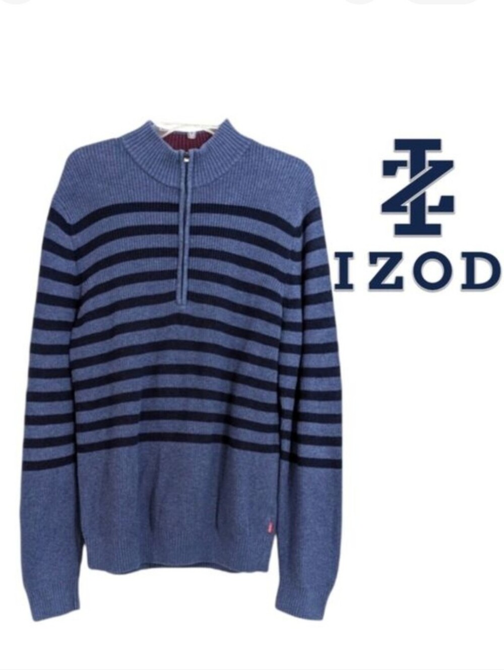 Izod Henley Quarter Zip Sweater - Blue & Navy - Size Large Mens - 100% Cotton